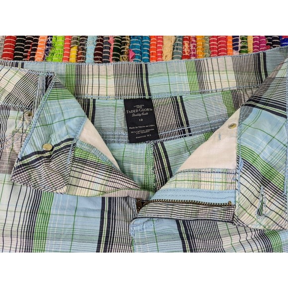 FADED GLORY Women 10 Blue Green Plaid Mid Rise Stretch Chino Shorts Flap Pockets - Picture 3 of 9